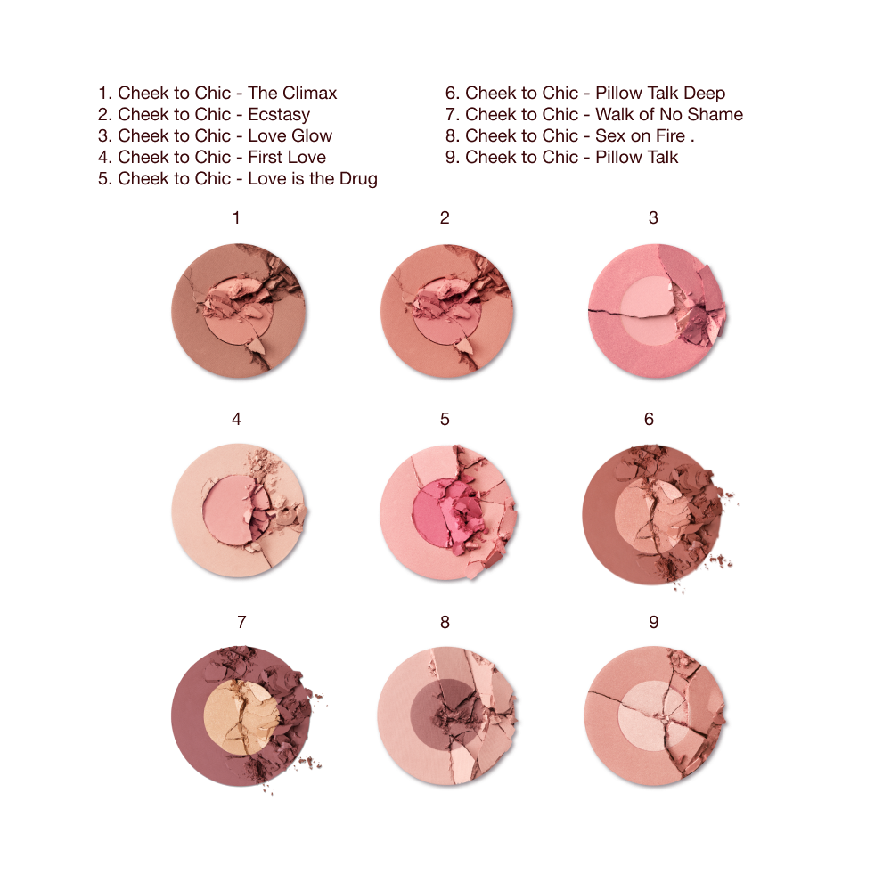Charlotte Tilbury Cheek To Chic — official comparison of all nine labelled shades