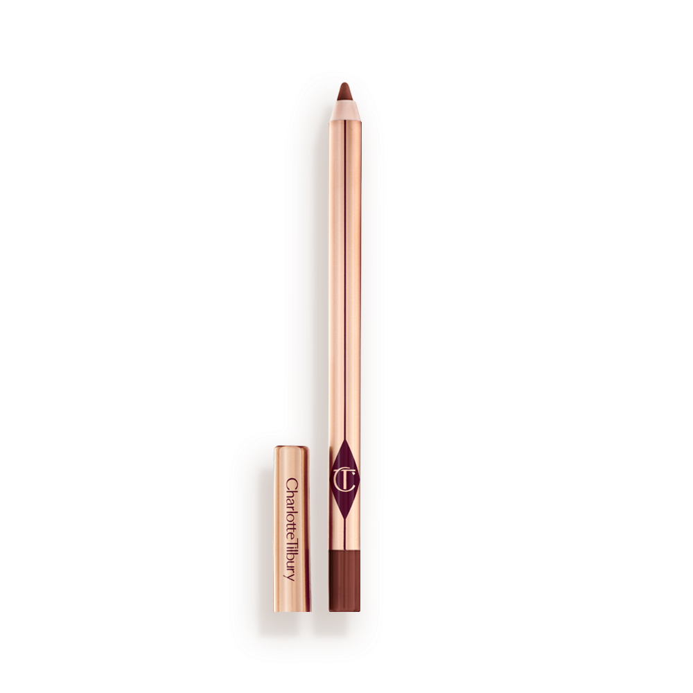 A standard-sized, tawny-brown lip liner pencil with its lid removed, with a reflective, golden-coloured exterior. 