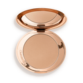 An open mirrored-lid bronzer compact in a light shade. 