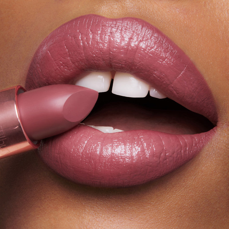 Model wearing 90s Pink lip liner and lipstick combination