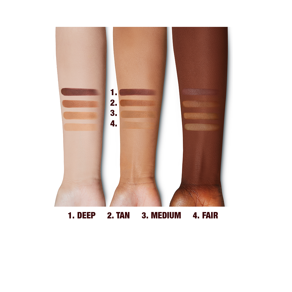 Swatches of fair, medium, medium dark, and deep bronzer on light, medium, and deep-tone arms. 