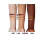 Swatches of fair, medium, medium dark, and deep bronzer on light, medium, and deep-tone arms. 