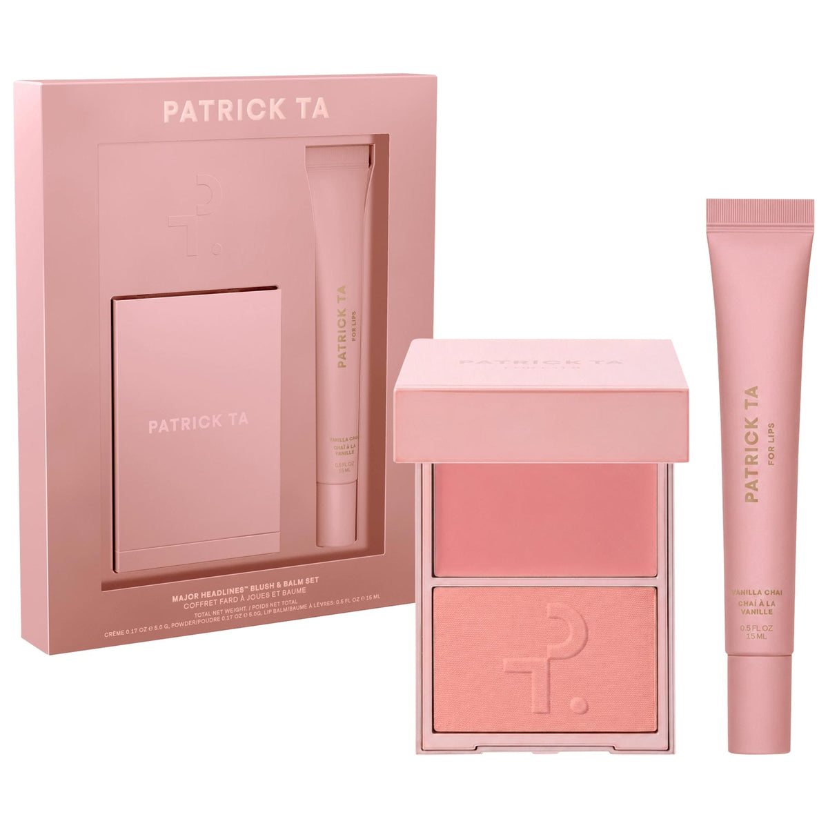 PATRICK TA - Major Headlines Double-Take Crème & Powder Blush Duo & Lip Balm Makeup Gift Set Something Sweet, Vanilla Chai Blush 0.17 oz crème and 0.17 oz powder, Balm 0.05 oz/Blush 5 g crème and 5 g powder, Balm 15 g PATRICK TA Major Headlines Double-Take Crème & Powder Blush Duo & Lip Balm Makeup Gift Set