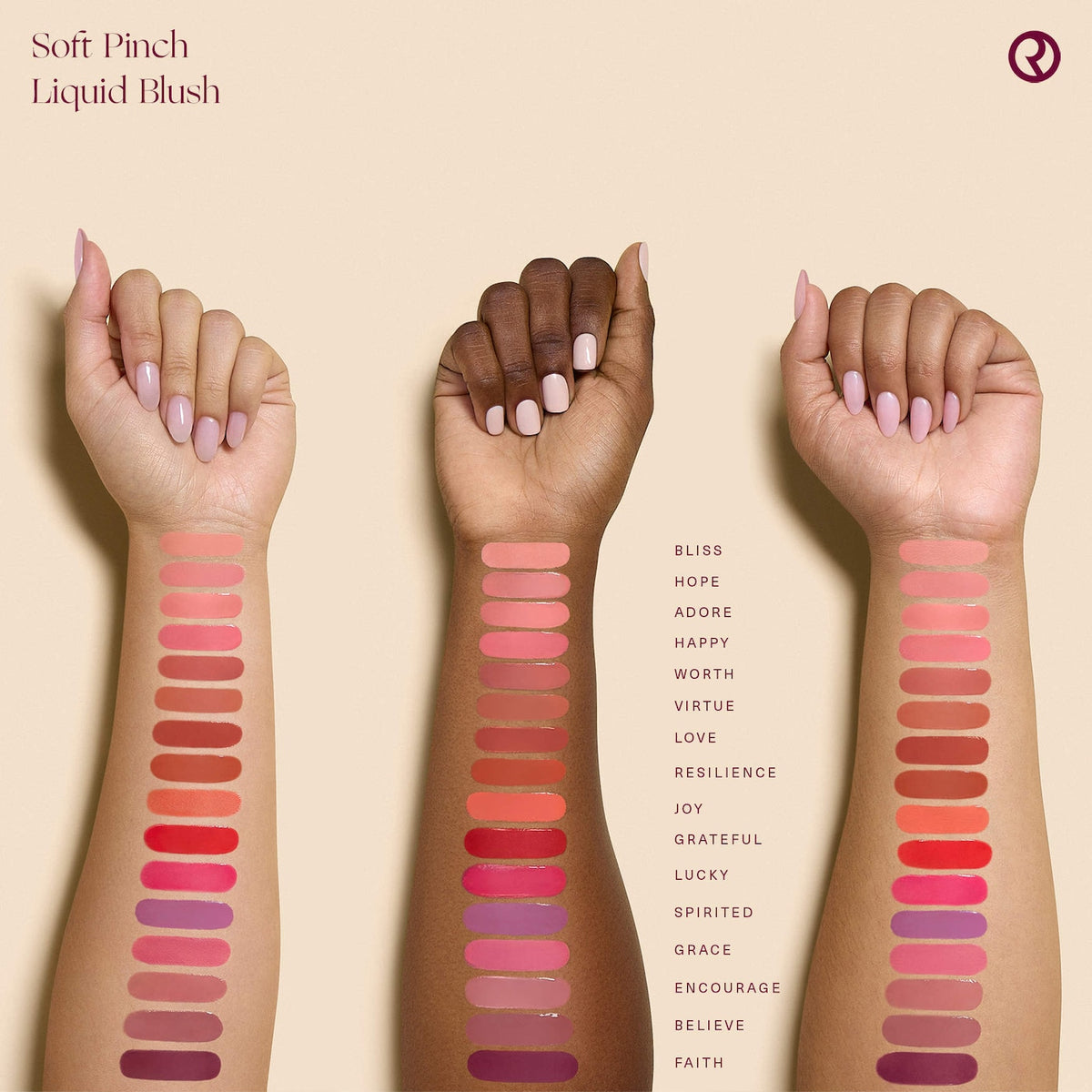 Rare Beauty Soft Pinch Liquid Blush — official Sephora full-size shade chart, shared across all full-size shade galleries