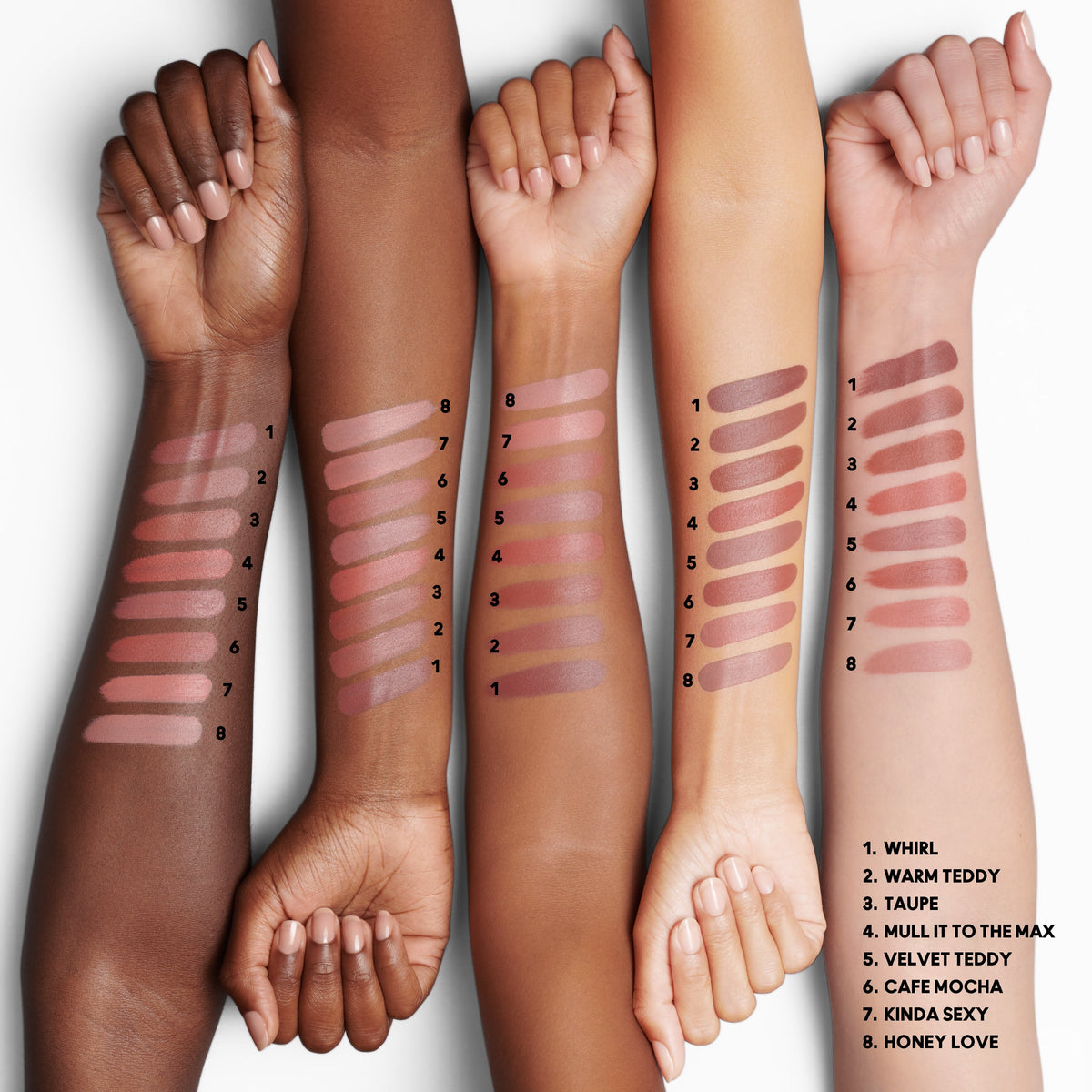 MAC M·A·Cximal Silky Matte — official labeled nude shade range on three skin tones