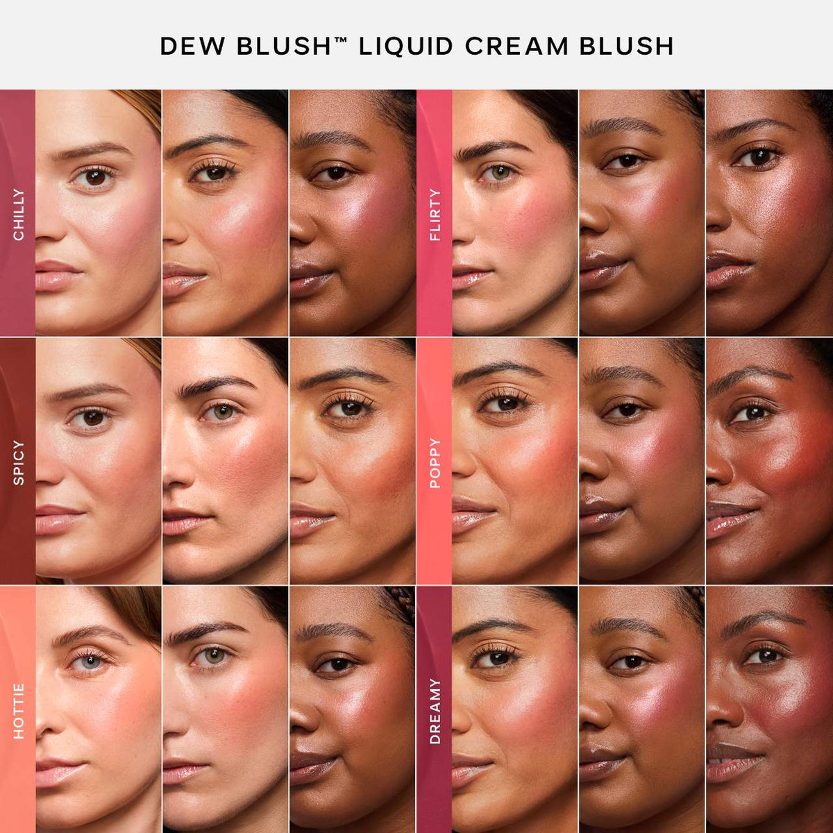 Saie Dew Blush shades on diverse skin tones